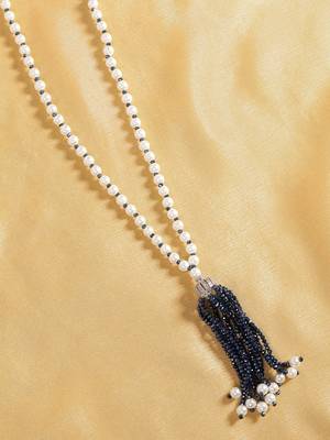 pearl & blue beaded tassel necklace | handmade bead mala for women | elegant traditional-fusion design jewelry 2