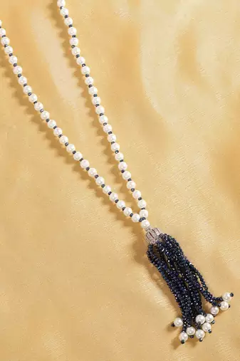 pearl & blue beaded tassel necklace | handmade bead mala for women | elegant traditional-fusion design jewelry