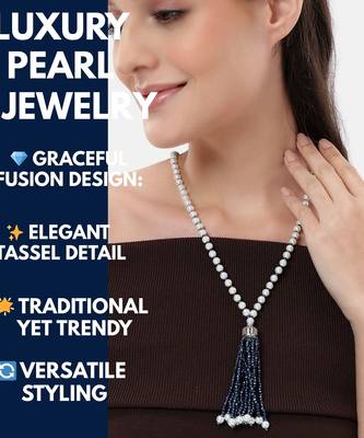 pearl & blue beaded tassel necklace | handmade bead mala for women | elegant traditional-fusion design jewelry 3
