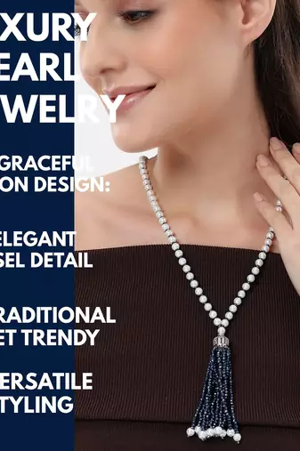 pearl & blue beaded tassel necklace | handmade bead mala for women | elegant traditional-fusion design jewelry