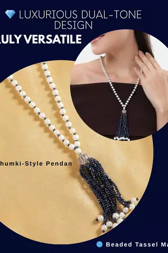 pearl & blue beaded tassel necklace | handmade bead mala for women | elegant traditional-fusion design jewelry