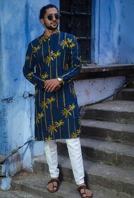Navy blue cotton palm kurta pajama 1