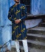 Navy blue cotton palm kurta pajama