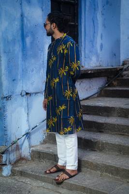 Navy blue cotton palm kurta pajama 2
