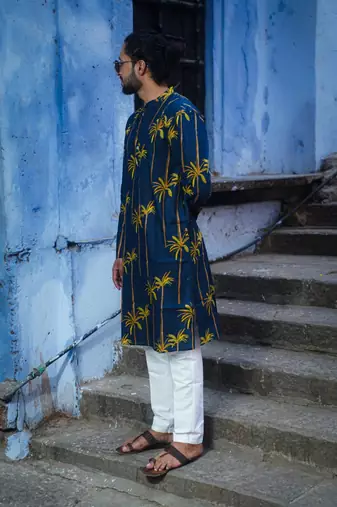 Navy blue cotton palm kurta pajama