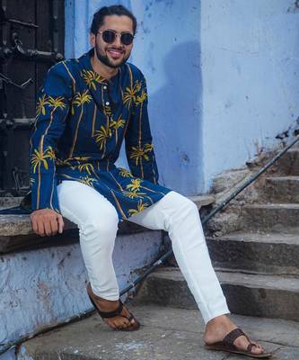 Navy blue cotton palm kurta pajama 5