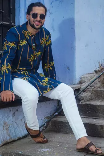 Navy blue cotton palm kurta pajama