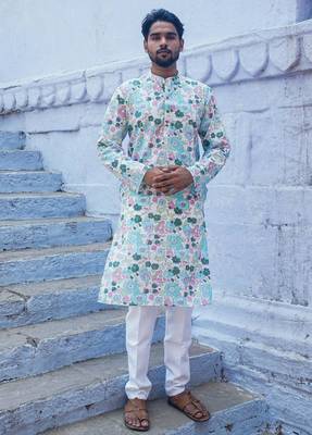 Sky blue cotton muted floral kurta pajama 1