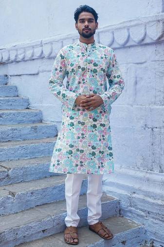 Sky blue cotton muted floral kurta pajama