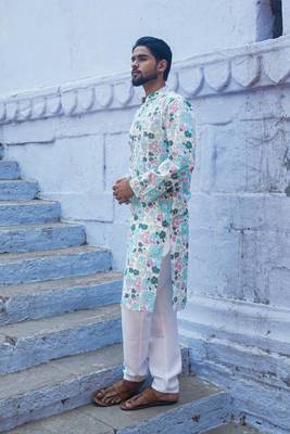 Sky blue cotton muted floral kurta pajama 2