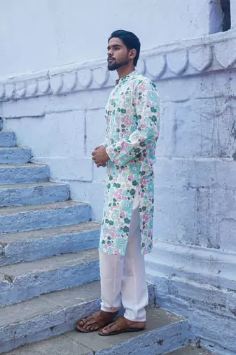 Sky blue cotton muted floral kurta pajama