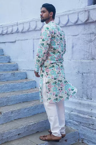 Sky blue cotton muted floral kurta pajama