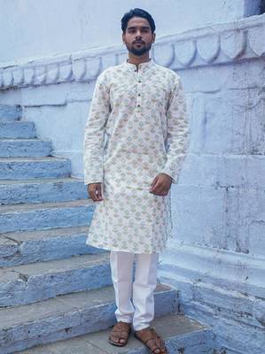 White cotton crystal petal kurta pajama 1