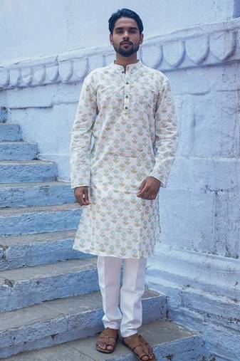 White cotton crystal petal kurta pajama
