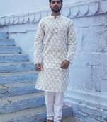 White cotton crystal petal kurta pajama