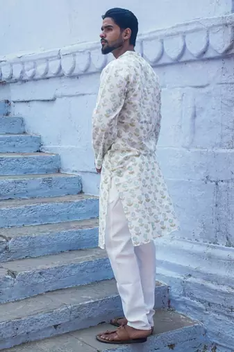 White cotton crystal petal kurta pajama