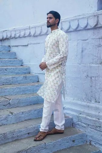 White cotton crystal petal kurta pajama