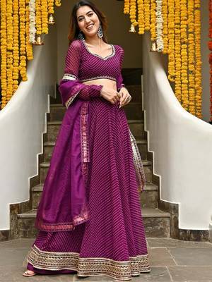 PURPLE ZARI AND CODING LACE WORK WITH LEHERIYA PRINTED GEORGETTE LEHENGA CHOLI 6