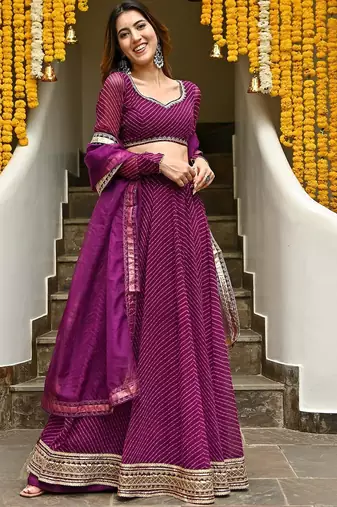 PURPLE ZARI AND CODING LACE WORK WITH LEHERIYA PRINTED GEORGETTE LEHENGA CHOLI