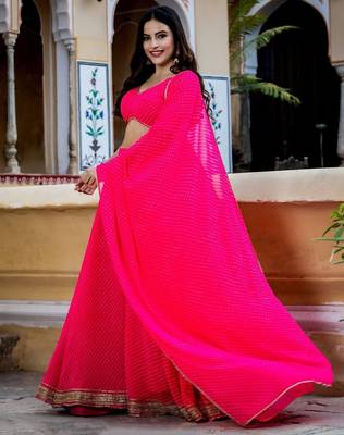 PINK ZARI AND CODING LACE WORK WITH LEHERIYA PRINTED GEORGETTE LEHENGA CHOLI 6