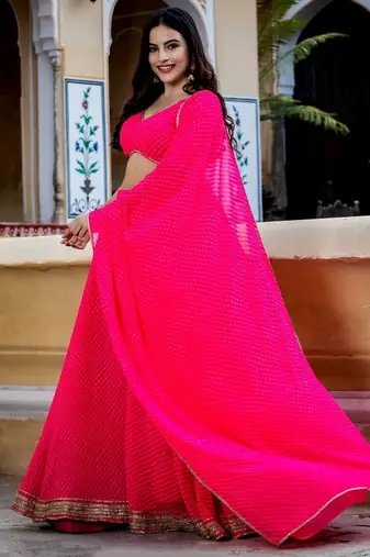 PINK ZARI AND CODING LACE WORK WITH LEHERIYA PRINTED GEORGETTE LEHENGA CHOLI