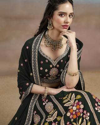 GREEN GEORGETTE SEQUINS THREAD ZARI EMBROIDERED LEHENGA CHOLI 7