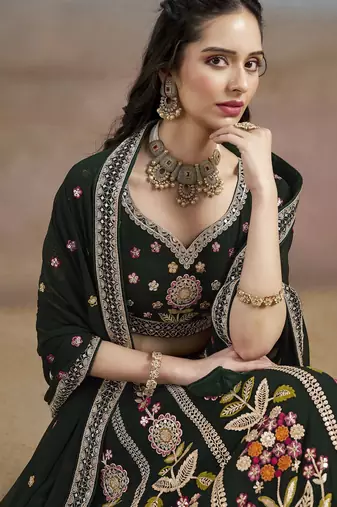 GREEN GEORGETTE SEQUINS THREAD ZARI EMBROIDERED LEHENGA CHOLI