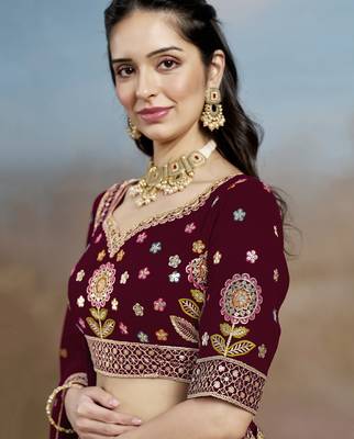 MAROON GEORGETTE SEQUINS THREAD ZARI EMBROIDERED LEHENGA CHOLI 7