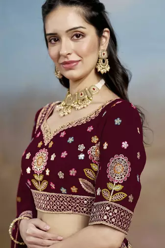 MAROON GEORGETTE SEQUINS THREAD ZARI EMBROIDERED LEHENGA CHOLI