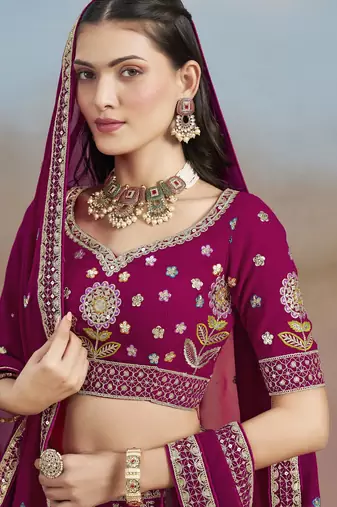 PINK GEORGETTE SEQUINS THREAD ZARI EMBROIDERED LEHENGA CHOLI