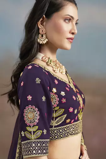 PURPLE GEORGETTE SEQUINS THREAD ZARI EMBROIDERED LEHENGA CHOLI