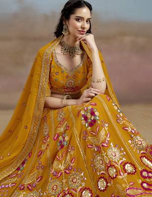 YELLOW GEORGETTE SEQUINS THREAD ZARI EMBROIDERED LEHENGA CHOLI 7