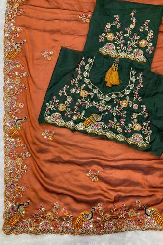Orange Party Wear Soft Rangoli art Silk Saree
