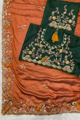 Orange Party Wear Soft Rangoli art Silk Saree