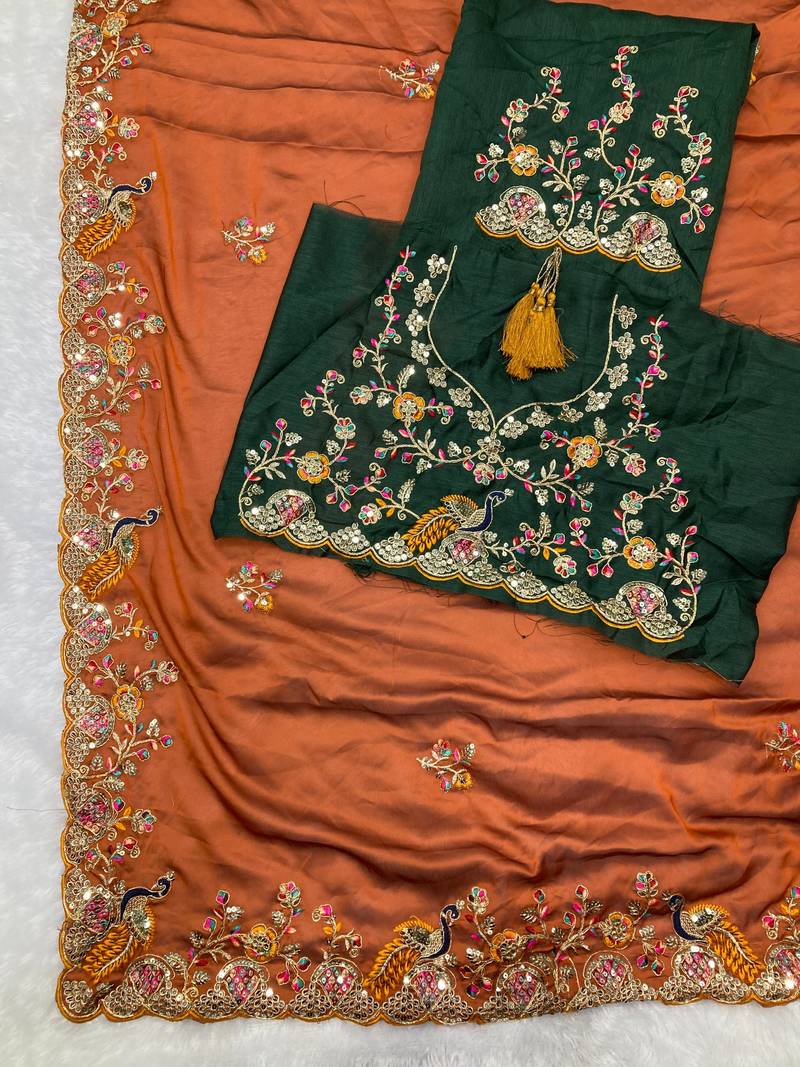Orange Party Wear Soft Rangoli art Silk Saree