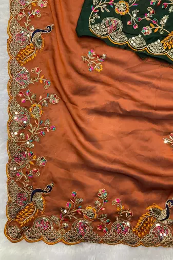 Orange Party Wear Soft Rangoli art Silk Saree