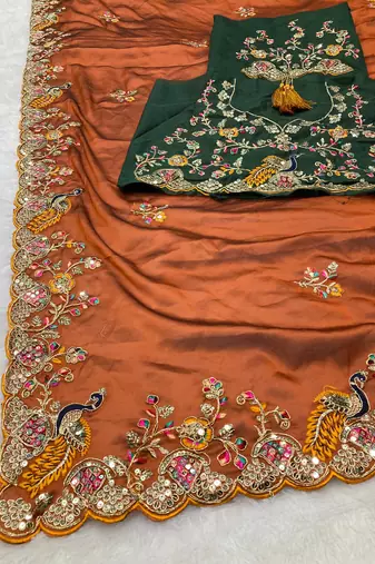 Orange Party Wear Soft Rangoli art Silk Saree