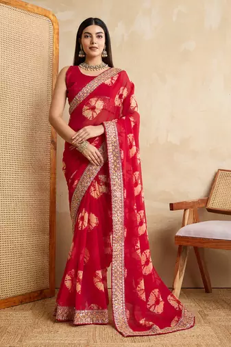 Red Party Wear Soft Georgette Bandhej Saree