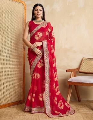 Red Party Wear Soft Georgette Bandhej Saree 1