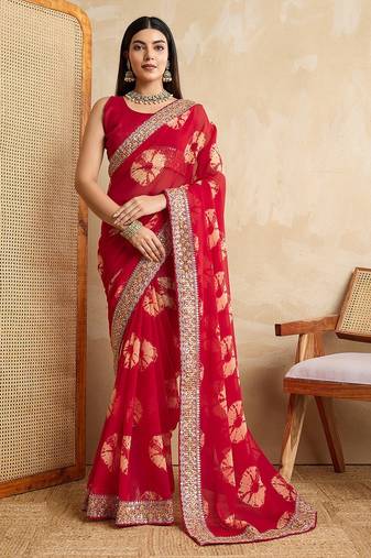 Red Party Wear Soft Georgette Bandhej Saree