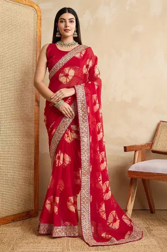 Red Party Wear Soft Georgette Bandhej Saree
