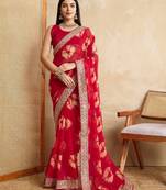 Red Party Wear Soft Georgette Bandhej Saree