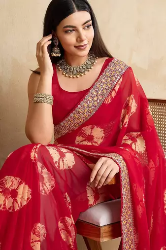 Red Party Wear Soft Georgette Bandhej Saree