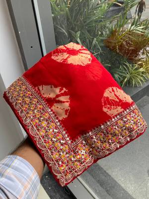 Red Party Wear Soft Georgette Bandhej Saree 4