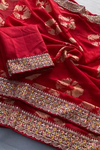 Red Party Wear Soft Georgette Bandhej Saree