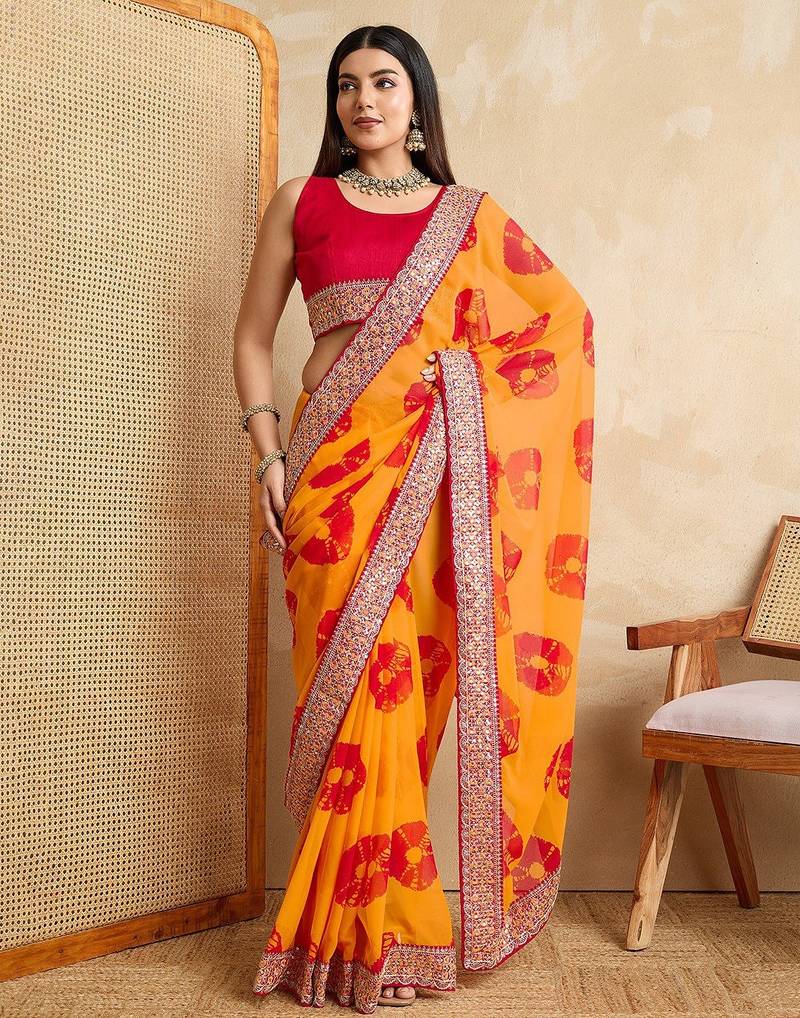 Yellow  Party Wear Soft Georgette Bandhej Saree