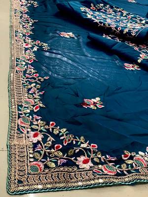 Teal blue Party Wear Rangoli art Silk Saree 1