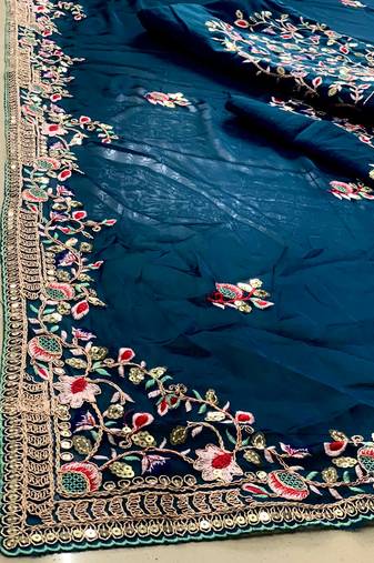Teal blue Party Wear Rangoli art Silk Saree