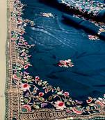 Teal blue Party Wear Rangoli art Silk Saree