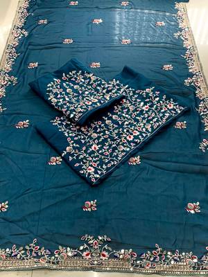Teal blue Party Wear Rangoli art Silk Saree 3